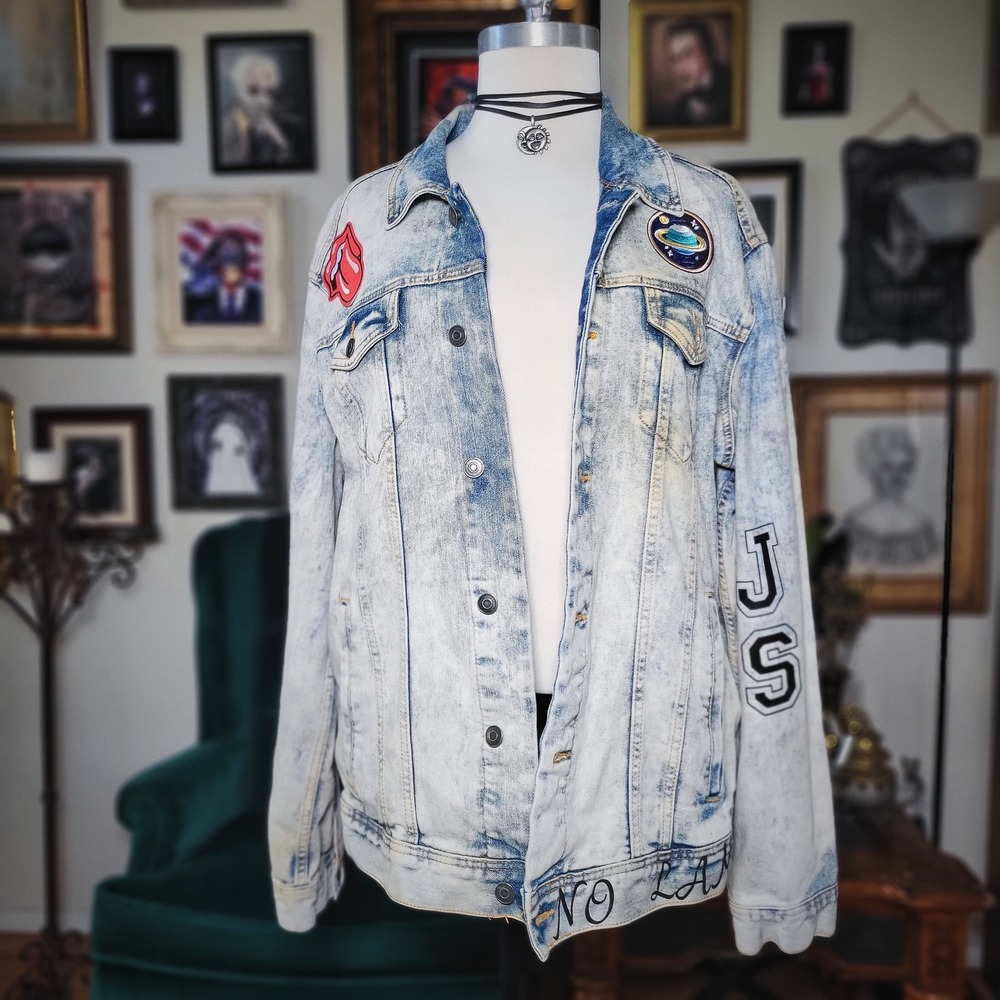 George Denim Jacket DIY Upcycled Sesame Street Embroidered Patches Distressed XL